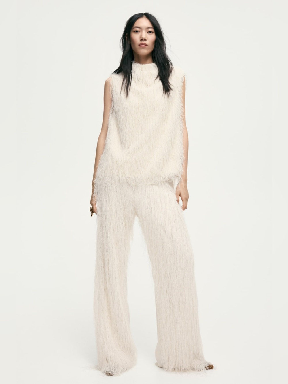 H&M Edition Cream Wide-Leg Fringe Pants 4